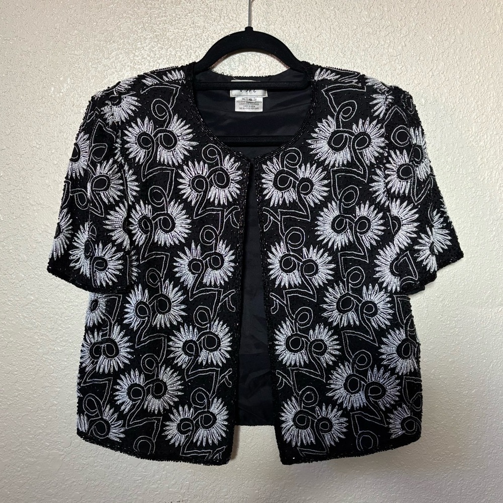 Vintage JMC Black & Silver Flower Fully Sequined Short Sleeve Topper Small